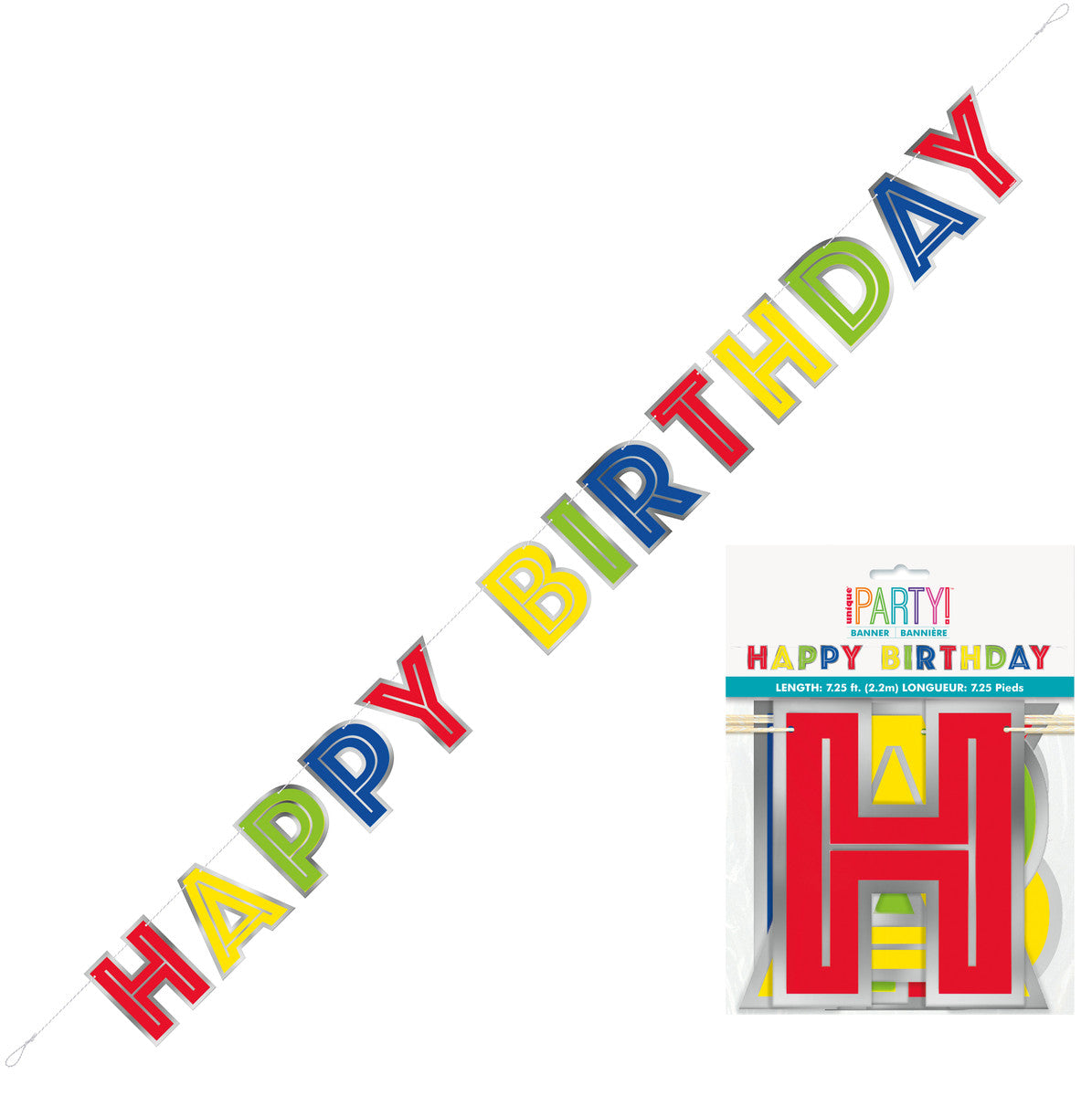 Silver Foil & Rainbow "Happy Birthday" Jointed Banner 2.2m Top Party