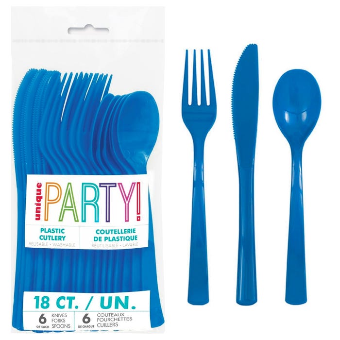 Royal Blue Reusable Plastic Cutlery Spoon Fork Knife 18pk Top Party