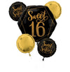 Sweet Sixteen 16th Birthday Black & Gold Foil Balloon Bouquet