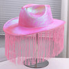 Iridescent Shiny Pink Cowboy Hat With Fringe Tassel