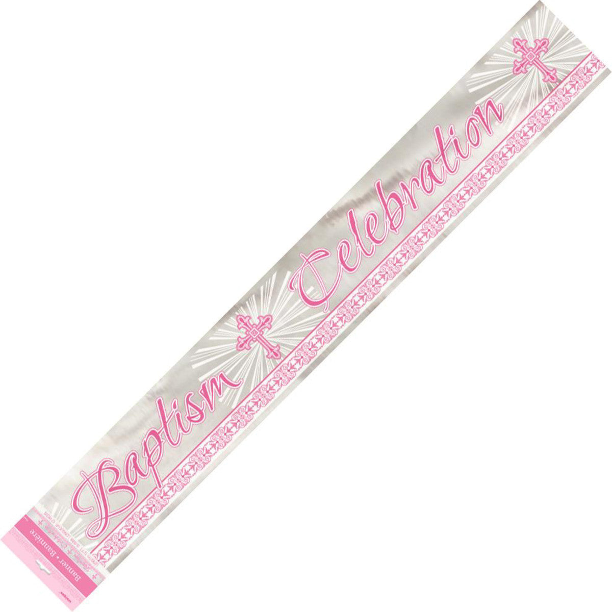 Radiant Cross "Baptism Celebration" Pink Foil Banner 3.65m Top Party