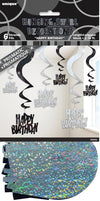 Happy Birthday Glitz Black & Silver 6pk Prismatic Hanging Swirls 66cm