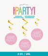 BABY SHOWER HEARTS PINK 3PK HANGING SWIRL DECORATIONS 66CM L (26")