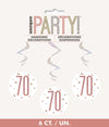 70th Birthday Rose Gold Hanging Swirls Pack 6