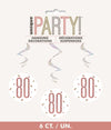 80th Birthday Rose Gold Hanging Swirls Pack 6