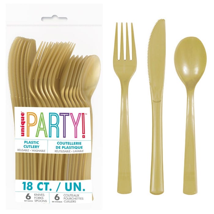 Gold Reusable Plastic Cutlery Spoon Fork Knife 18pk Top Party