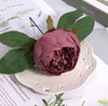 Burgundy Peony Artificial Flower Head With Pole & Leaves